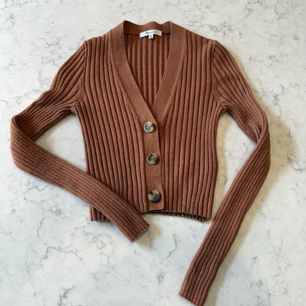 Madewell XS Cropped Cardigan Brenville Wool Blend Rib Knit V-neck Sweater
